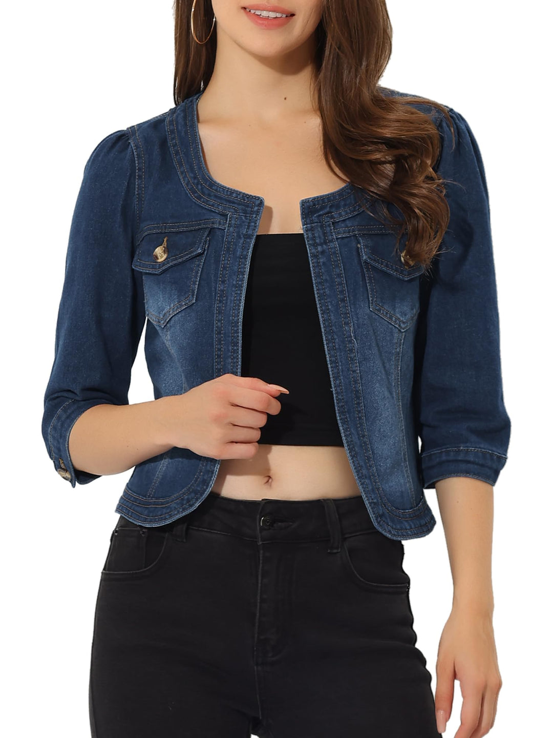 Allegra K Damen Jeansjacke 3/4 Ärmel Open Front Kragenlos Jacke mit Taschen XS Dunkelblau, XS Dunkel