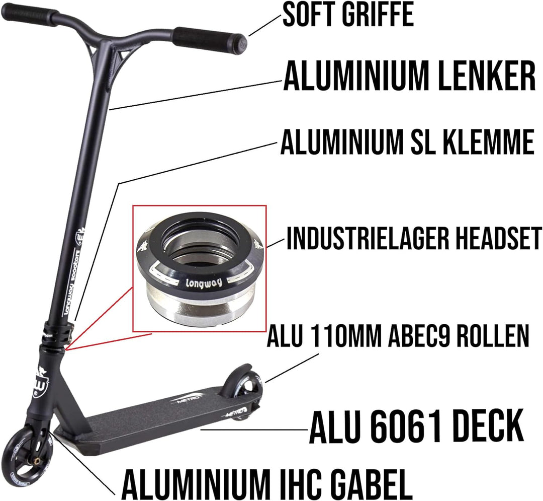 Longway Metro Stunt-Scooter Park Trick Tret Roller + F26 Sticker 2K19 H=79cm Schwarz, 2K19 H=79cm Sc
