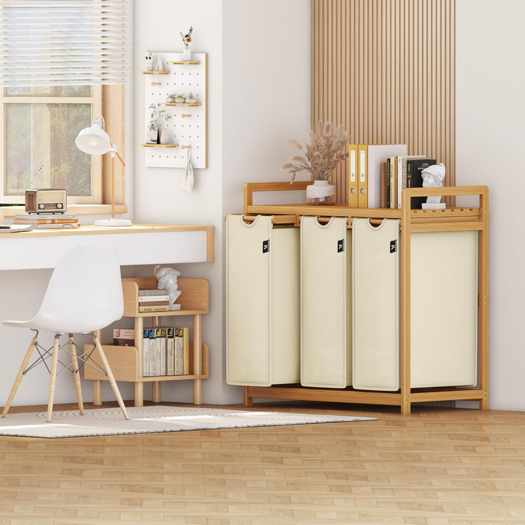 AdelDream Wäschekorb 150L, 3 Fächer Wäschesammler mit Ablage, Bambusrahmen | Wäschesortierer mit 3 x