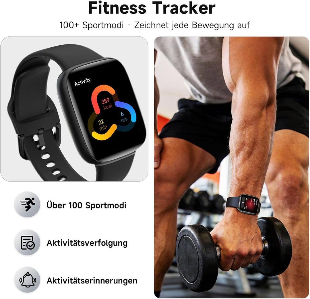 Smartwatch Herren Damen, 1,85" Fitnessuhr mit Telefonfunktion & Whatsapp, Herzfrequenz & Schlafmonit