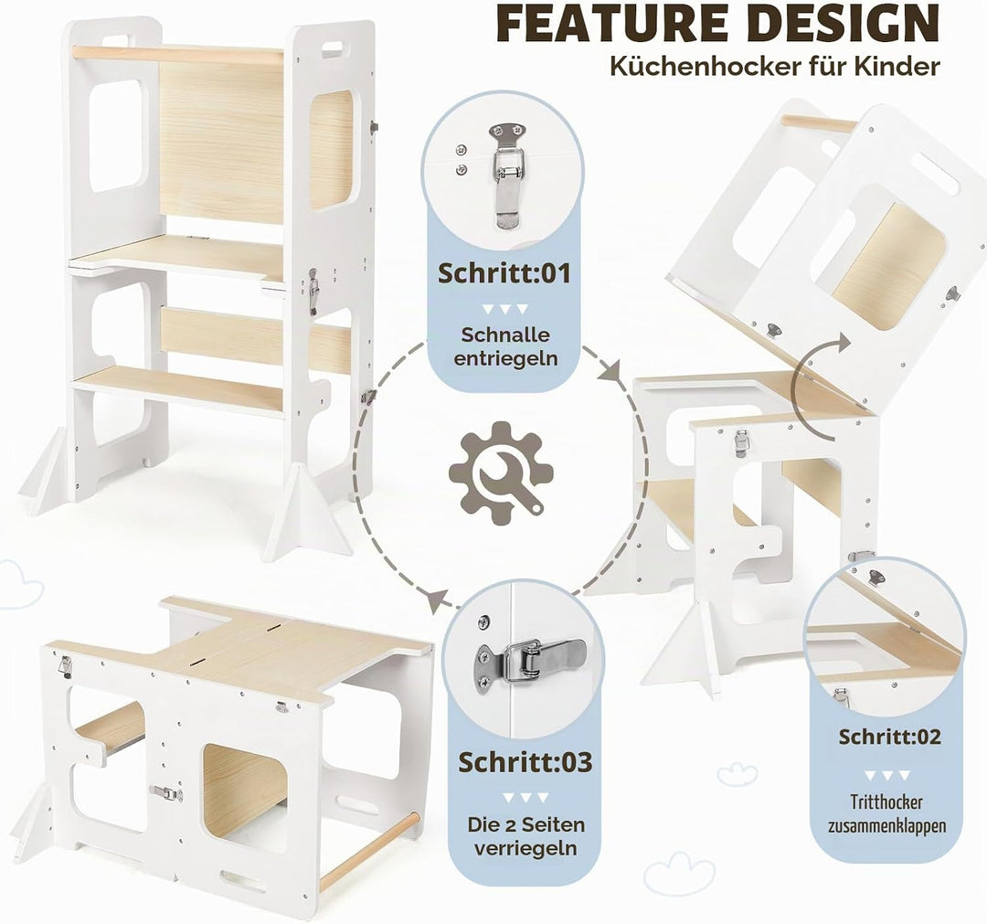 Labebe Lernturm ab 1 Jahr, Montessori Learning Tower mit Tafel, 3 in 1 Multifunktion Lernturm Klappb