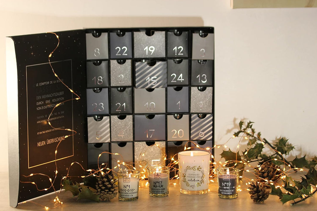 Origineller Adventskalender 2022 mit 25 Duftkerzen im Glas mit Spruch - Adventskalender kerzen - Deu