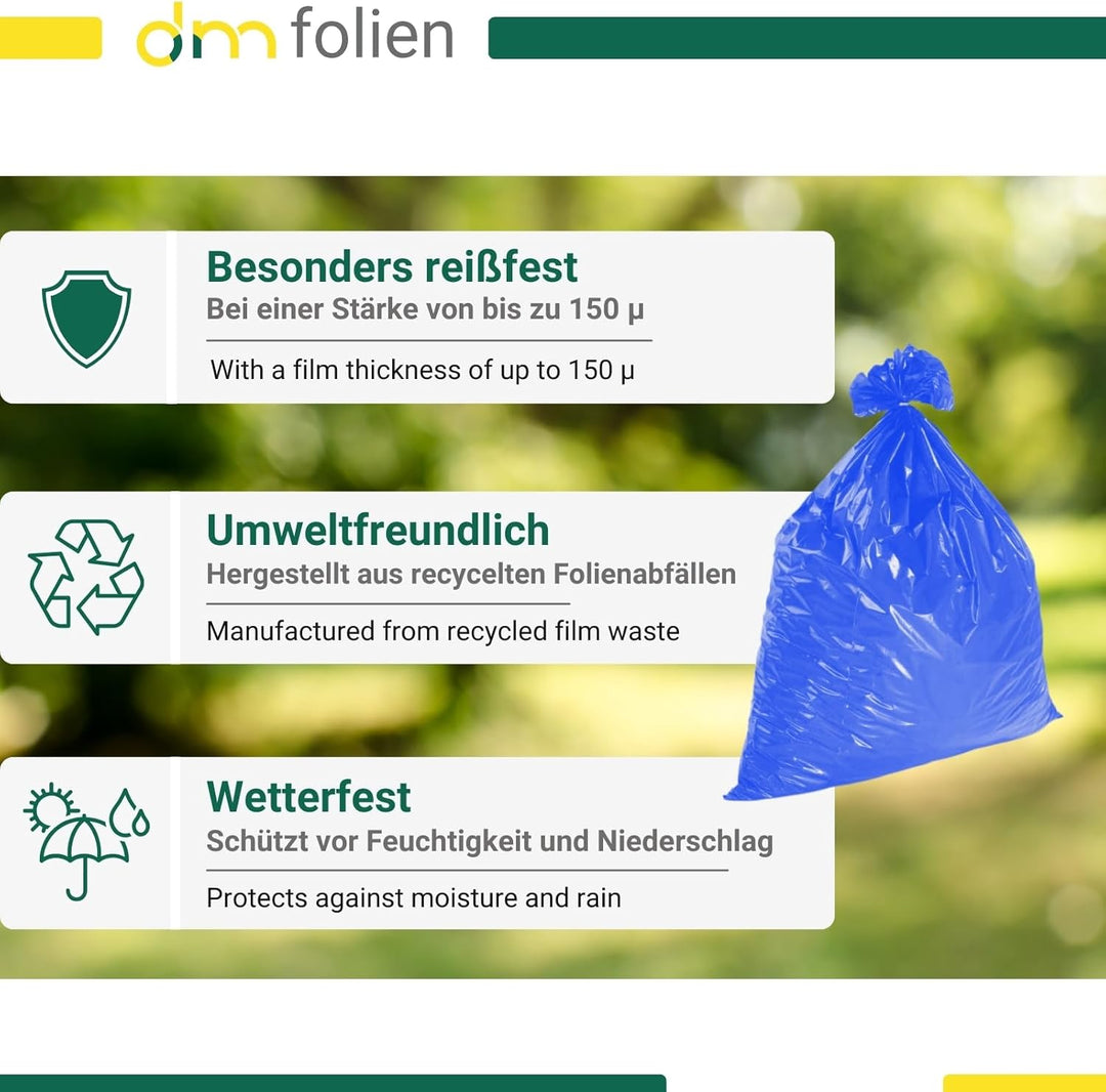 dm-folien gmbh Müllsäcke 120 Liter - 700 x 1100 mm | 50 Stück | Blaue Abfallsäcke | Reissfeste Entso