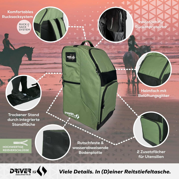 Driver13 Reitstiefelrucksack/Reitstiefeltasche/Stiefeletten Taschen Deluxe mit Helmfach für Reitstie