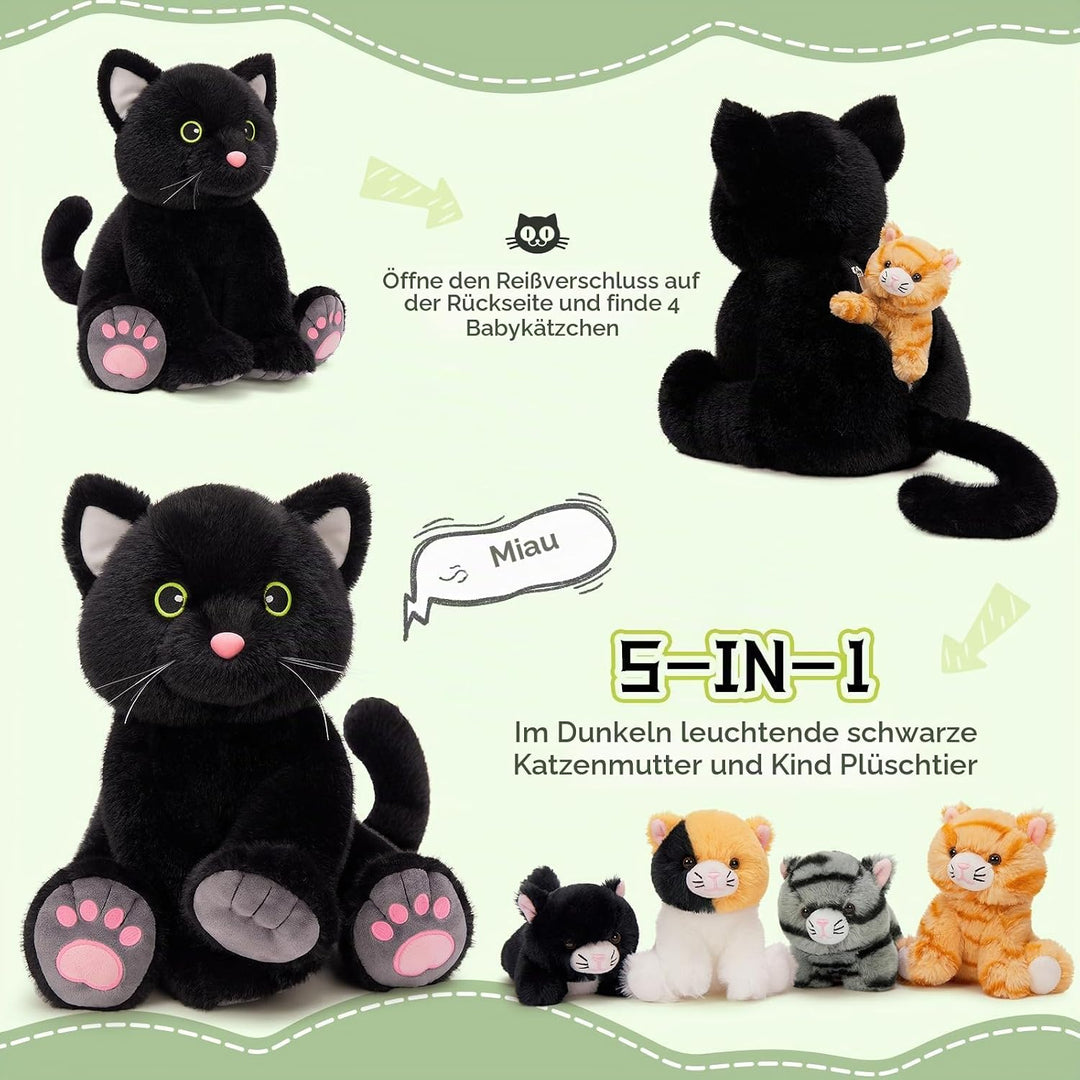 MorisMos 5 stücke Plüsch Katzen, 40cm hoch riesen schwarz Katze Kuscheltier XXL mit Kätzchen Baby im