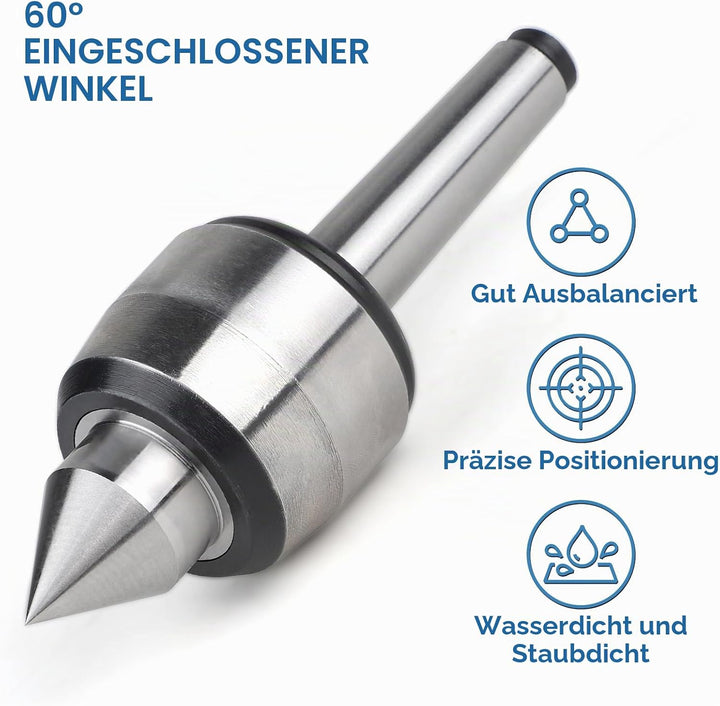 LALAGO Mitlaufende Zentrierspitze MK2, Mitlaufende Körnerspitze, Zentrierspitze 60 Grad Rollkörner,