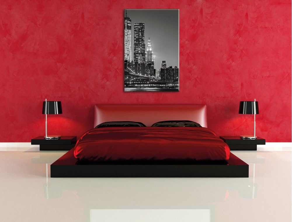 Pixxprint New York City Skyline bei Nacht / 100x70cm Leinwandbild bespannt auf Holzrahmen/Wandbild K