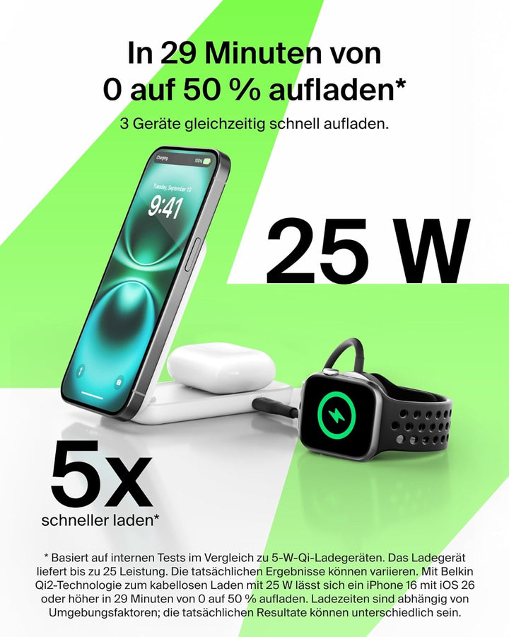 Belkin UltraCharge Qi 2.2 Ladestation 2 in 1, 25W, Ladegerät MagSafe Kompatibel, Induktive Ladestati