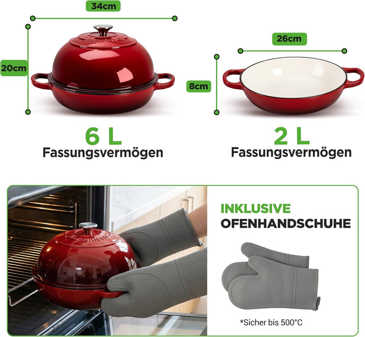 NutriChef Gusseisentopf zum Brotbacken 26 cm Dutch Oven Emailliert Rot – Mit Deckel und Griffen – In