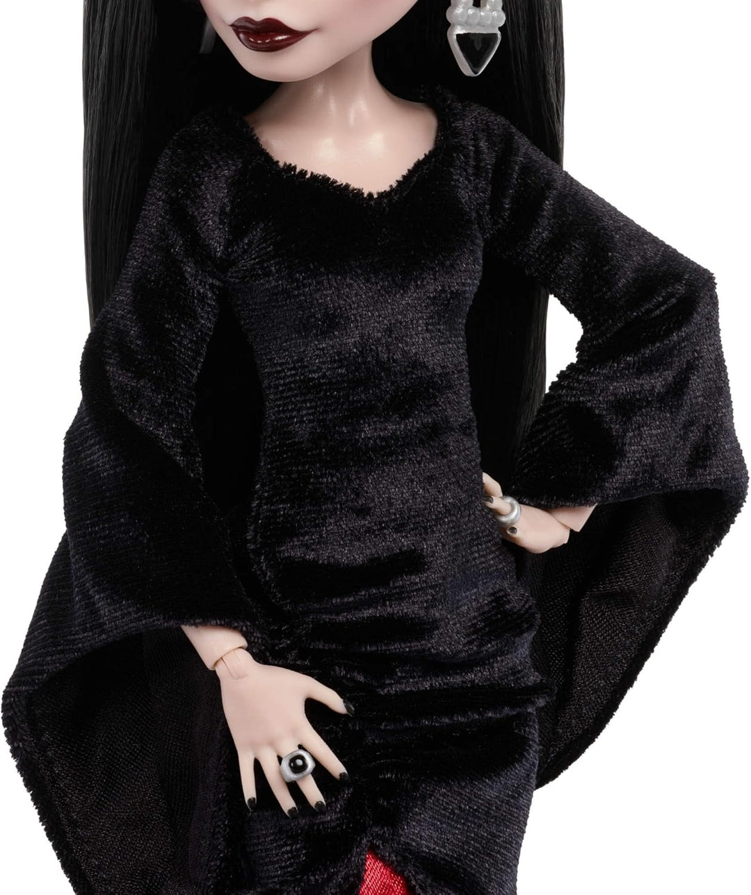 Monster High x Wednesday Puppe, Morticia Addams Sammelfigur im schwarz-purpurrotem Samtkleid mit Sch