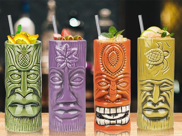 SuproBarware Tiki Tassen Set von 12 - Grosse Cocktail Tiki Gläser Hawaii Party Niedlich Exotische Co