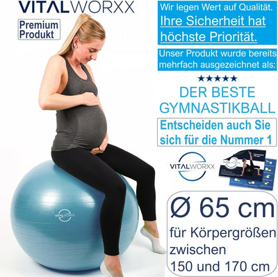 VITALWORXX Gymnastikball für Schwangere, extrem stabil, Sitzball Yogaball Pezziball mit Pumpe, mit Ü