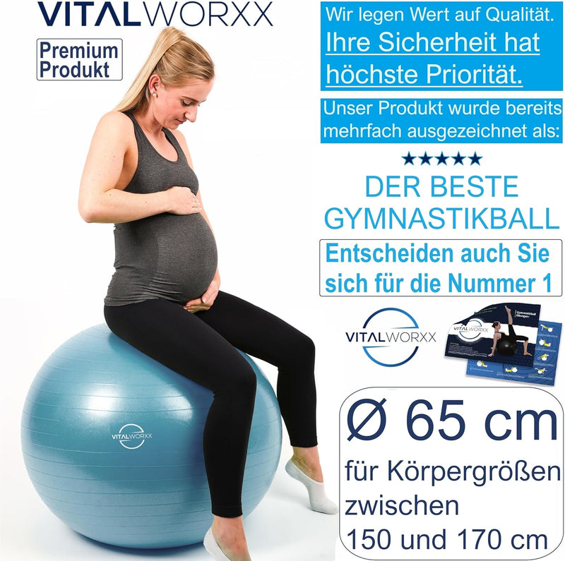 VITALWORXX Gymnastikball für Schwangere, extrem stabil, Sitzball Yogaball Pezziball mit Pumpe, mit Ü