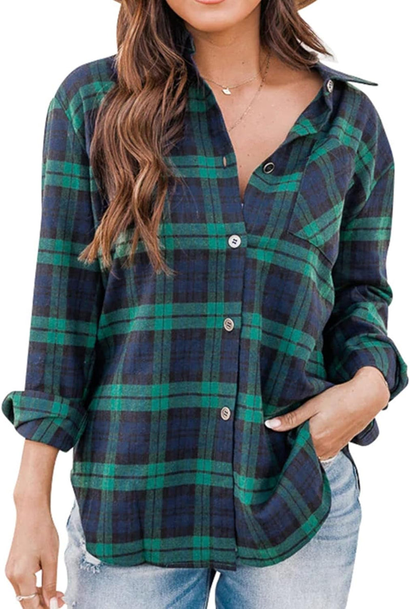 Damen Karierte Bluse Langarm Revers Knopfverschluss Hemd Casual Oberteil Lässig Shirt Tops Freizeith