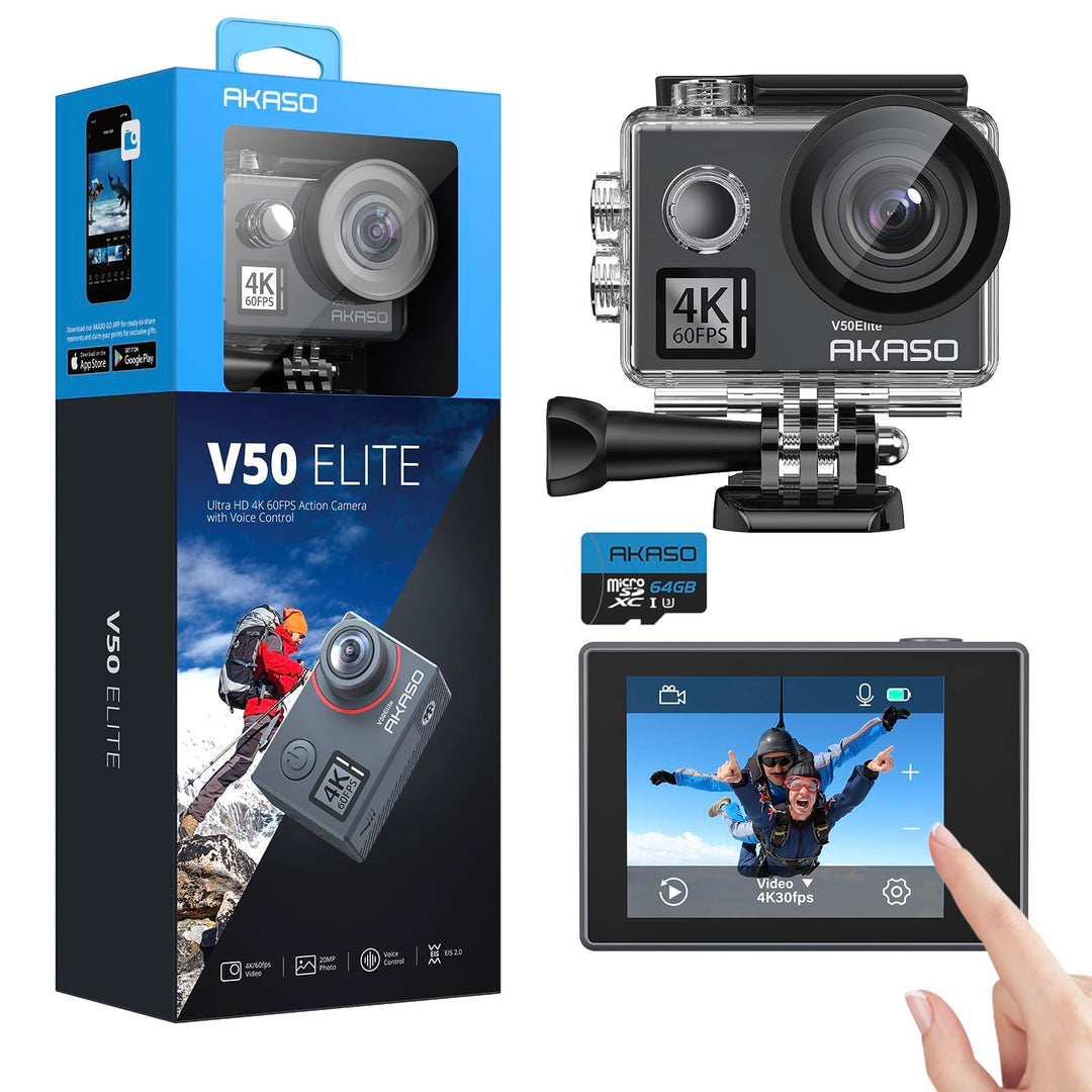 AKASO V50 Elite Action Cam,4K60FPS 20MP Unterwasserkamera mit 64GB U3 Speicherkarte WiFi mit Touchsc