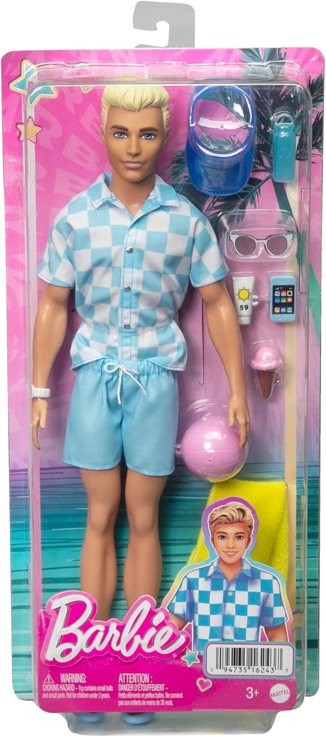Barbie Ken - Blonde Puppe mit blauem Hemd und Badehose, Strand-Accessoires und Wasserball für kreati