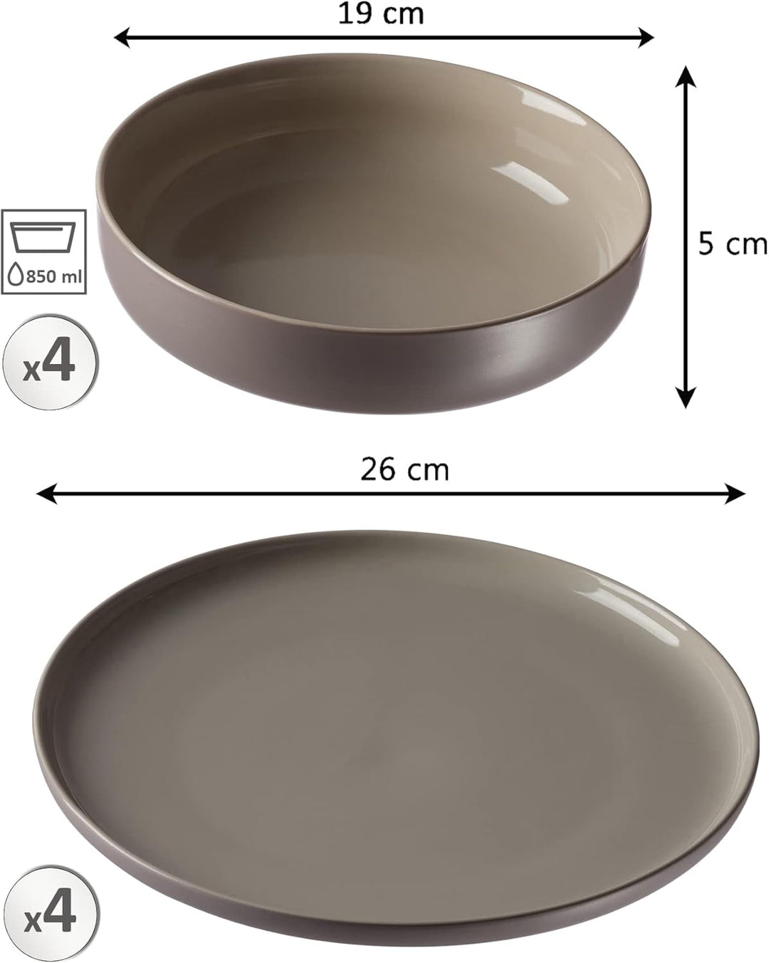 Ritzenhoff &amp; Breker Tafelservice Jasper, 8-teilig, Taupe, Steinzeug, Speiseteller und Suppenschalen