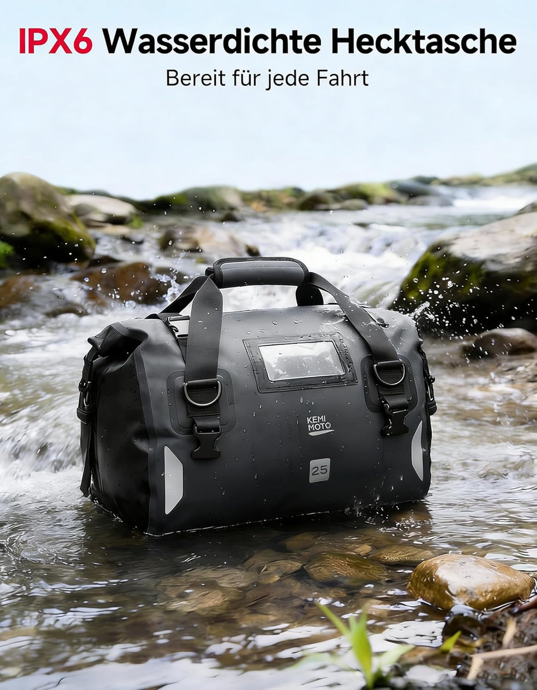 KEMIMOTO Motorrad Hecktasche 25L, IPX6 wasserdichte Motorradtasche Gepäckrolle mit Schnellverschluss