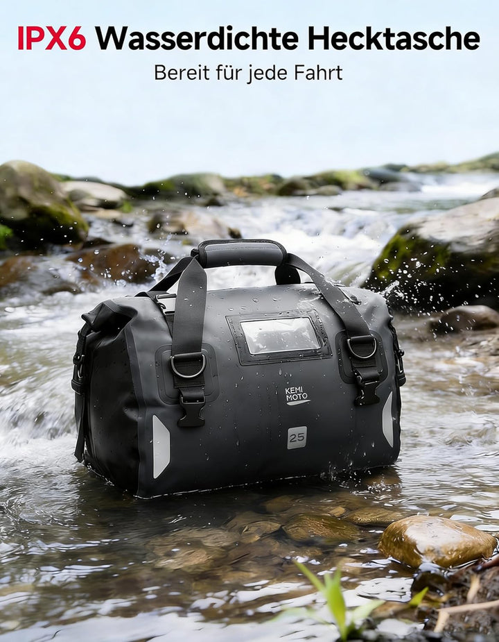 KEMIMOTO Motorrad Hecktasche 25L, IPX6 wasserdichte Motorradtasche Gepäckrolle mit Schnellverschluss