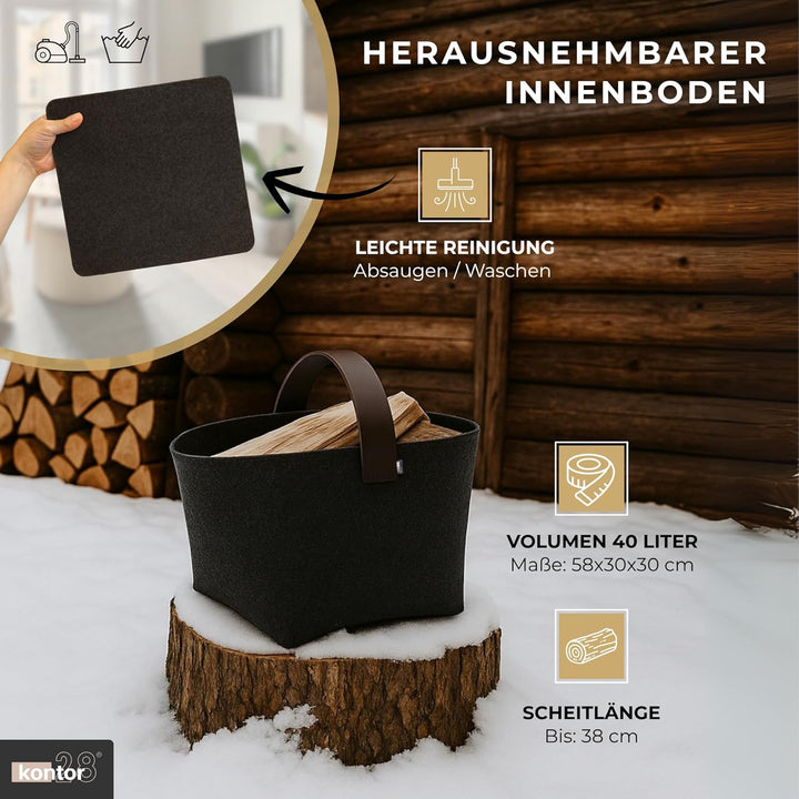 kontor28® - Kaminholzkorb aus Premium Filz 100% MADE IN GERMANY | Brennholzkorb Füllvolumen 40 L mit