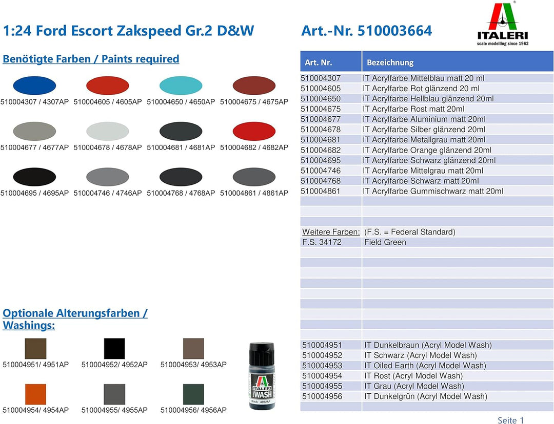 Italeri 3664S - 1:24 Ford Escort Zakspeed Gr.2 D&W Bausatz, Standmodellbau, Basteln, Hobby, Kleben,