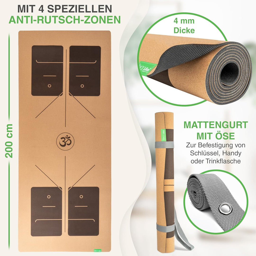 BACKLAXX ® Yogamatte Kork XXL [+50% mehr Fläche] mit Naturkautschuk - Yoga Matte nachhaltig, schadst