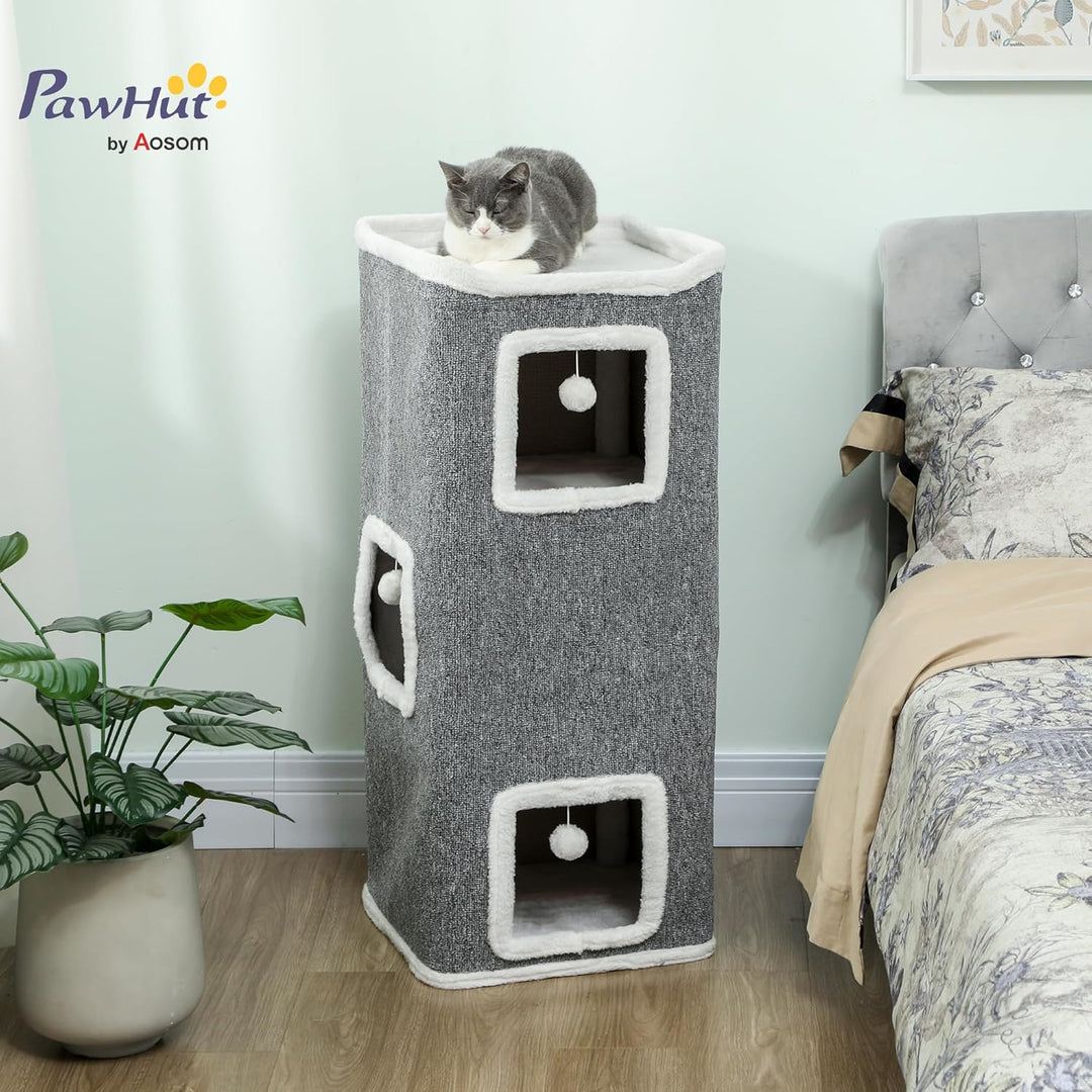 PawHut Kratztonne 100 cm Hoch 41 x 41 cm vierstöckige Katzentonne mit Spielball, Plüschrand, Katzenh