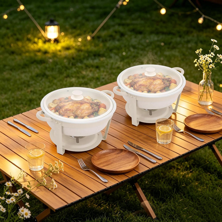 2er Warmhaltebehälter Essen, 5L Rund Edelstahl Chafing Dish Set mit Glasdeckel, Kalt &amp; Heiss Stapelb