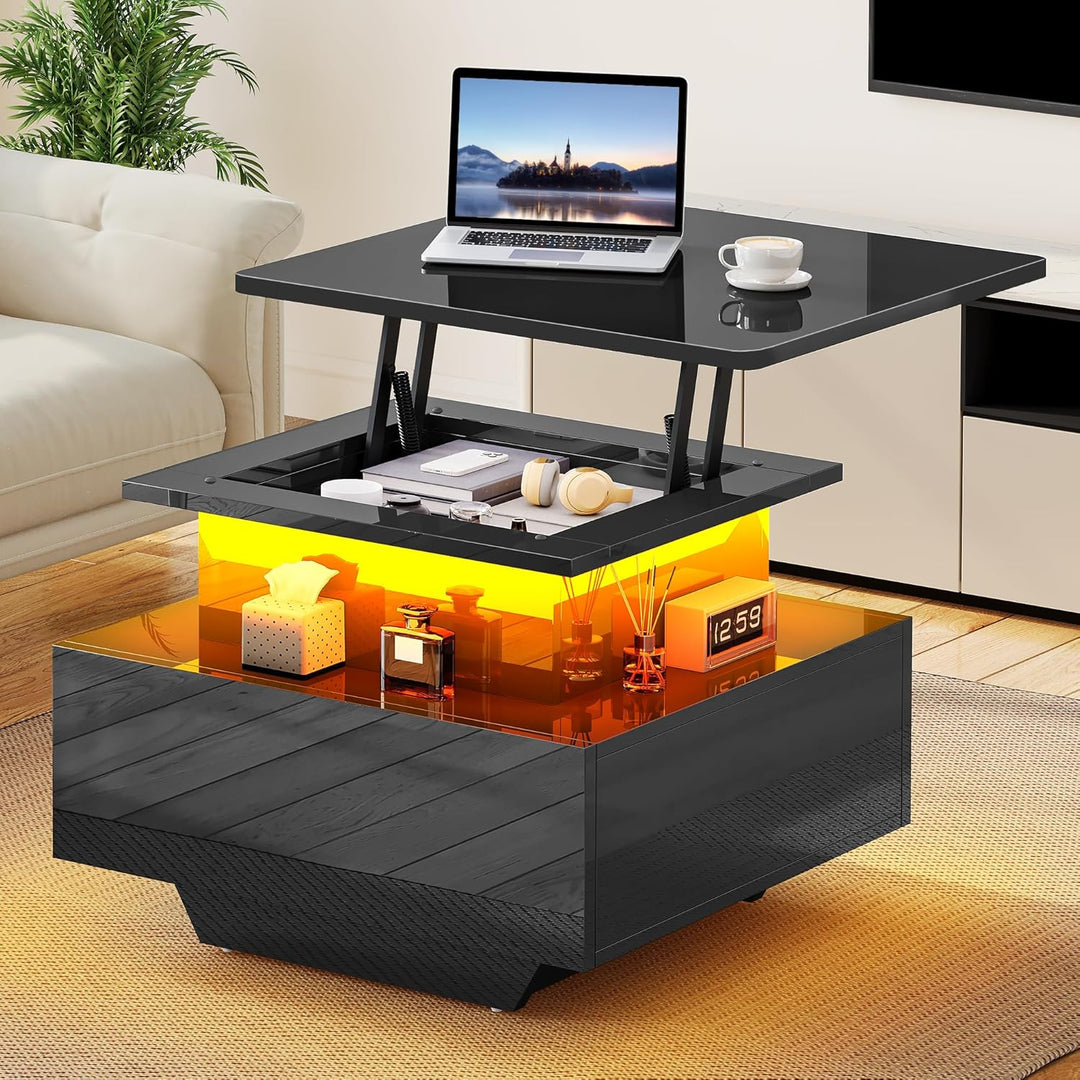 YITAHOME Couchtisch Höhenverstellbar mit LED Beleuchtung Modern, 60x60x45cm, Wohnzimmertisch Hochgla
