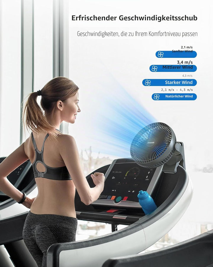 Koonie 20cm Tragbarer Clip-On-Ventilator, USB-Tischventilator mit 10.000 mAh Akku, 4 Geschwindigkeit