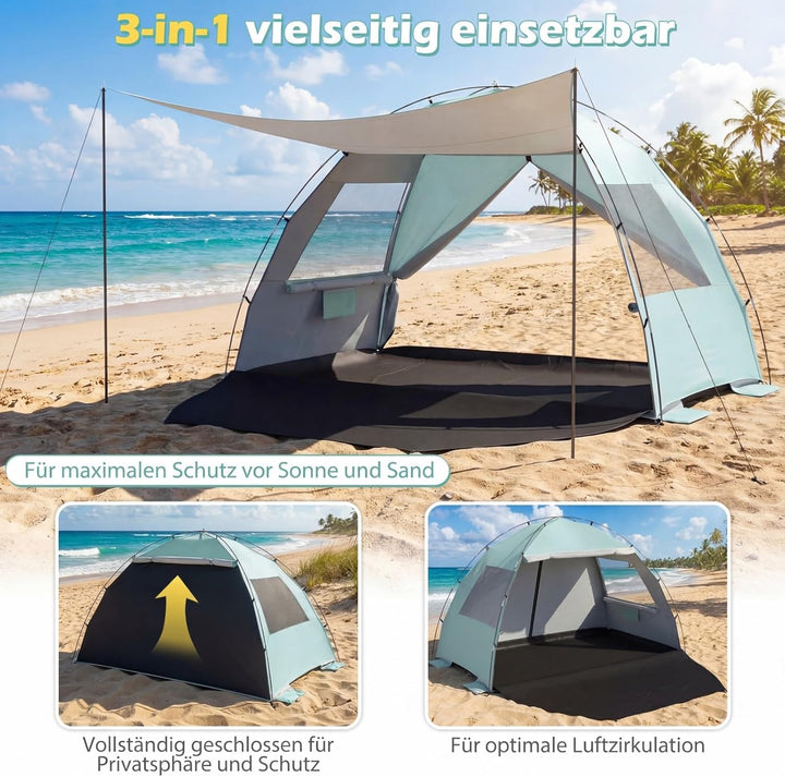 COSTWAY Strandmuschel mit Vordach, Strandzelt UV-Schutz 50+ mit Reissverschlusstüren &amp; Netzfenstern,