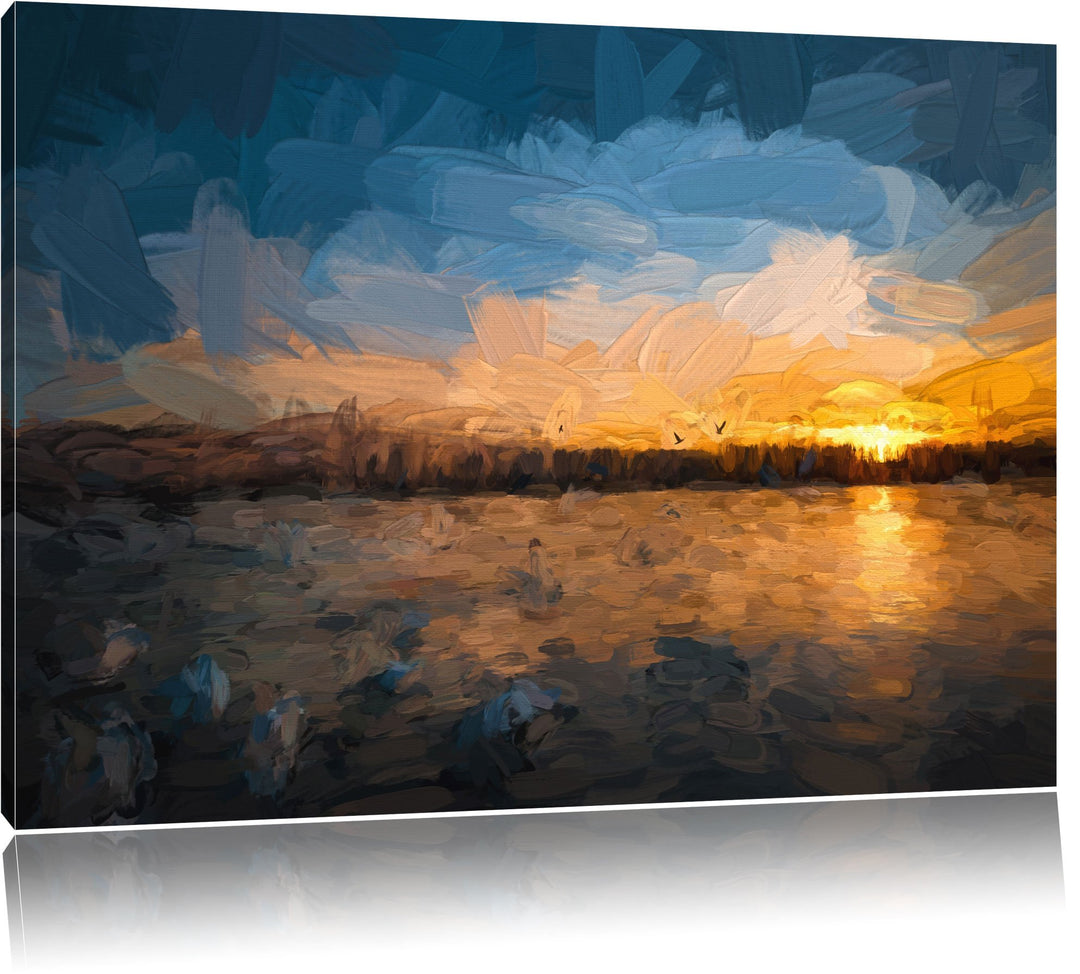Pixxprint Schwäne im Sonnenuntergang als Leinwandbild/Grösse: 100x70 cm/Wandbild/Kunstdruck/fertig b