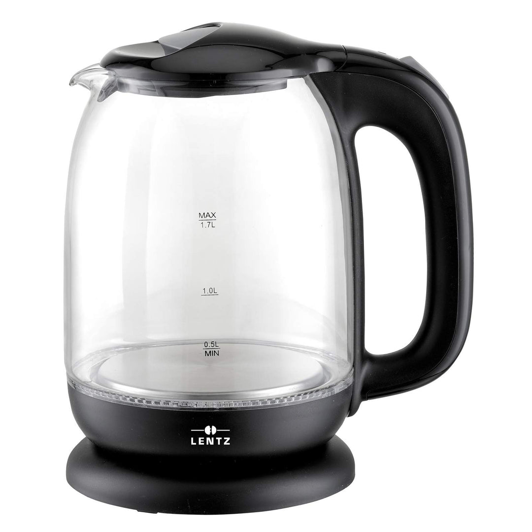 Lentz 1,7 Liter Glas-Wasserkocher mit LED-Beleuchtung kabelloser Glaswasserkocher mit 2200 Watt (Sch