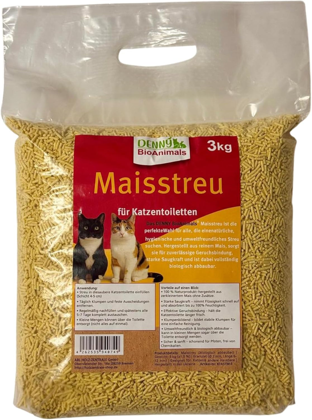 Maisstreu Katzenstreu 30 kg (10 Säcke je 3 kg), 80 L – 100% natürlich &amp; biologisch abbaubar – klumpe