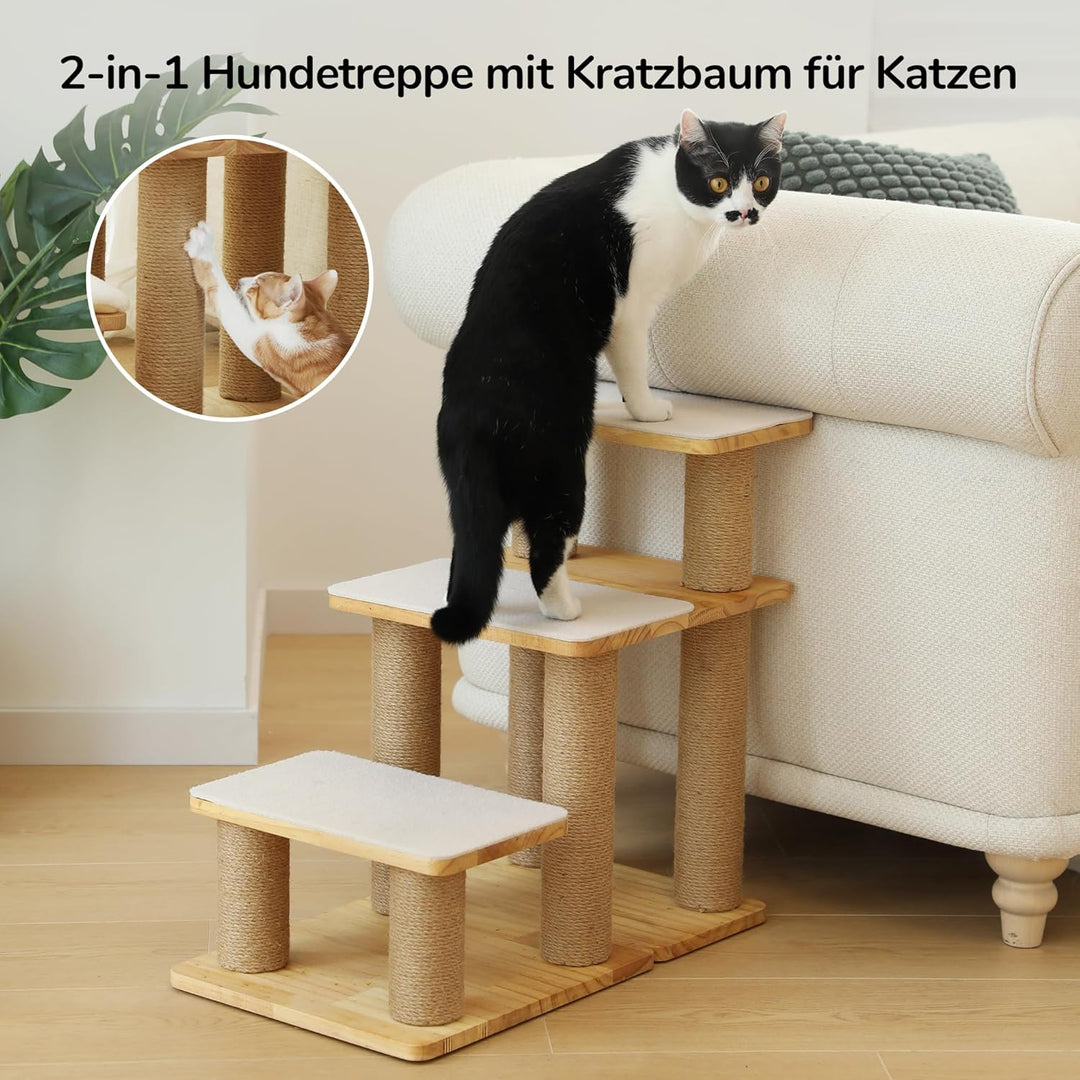 FUKUMARU Hundetreppe, 3 Stufen Haustiertreppe, Katzentreppe aus Kiefernholz und Jute，18-51cm einstel