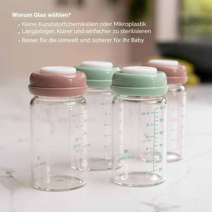 Premium Glasflaschen für Muttermilch, 180 ml, spülmaschinen-, gefrier- und mikrowellengeeignet (Glas