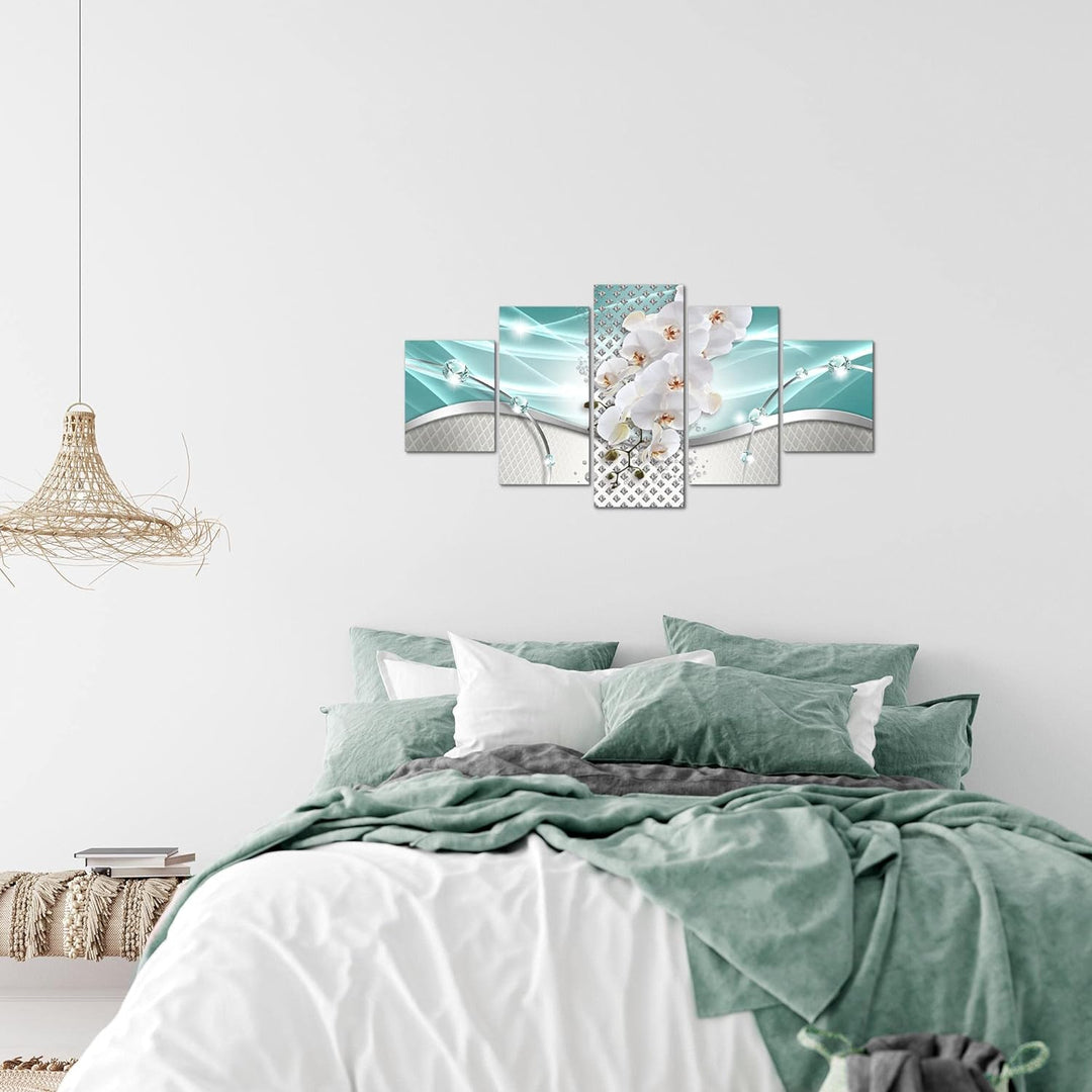 Runa Art Wandbilder Blumen Orchidee 5 Teilig Bild auf Vlies Leinwand Deko Wohnzimmer Abstrakt Türkis