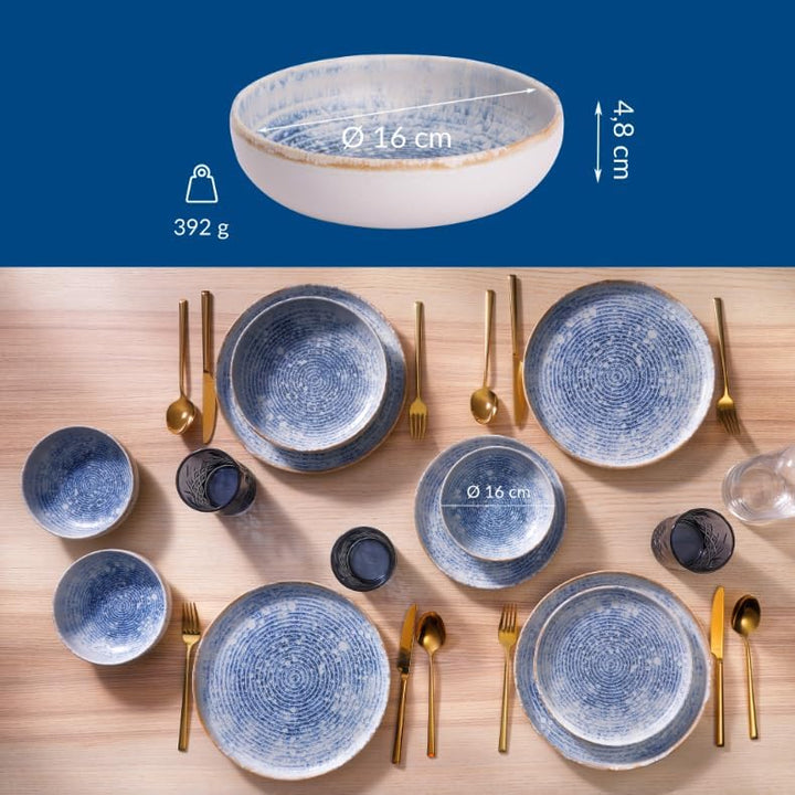 James Cooke Azure Vintage – Steinzeug Schalen 2er-Set Ø16 cm – blau-weiss gestreift, matt glasiert m