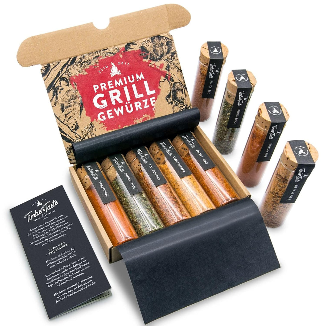 TIMBER TASTE® Grill Gewürze Geschenkset Männer | 5 erlesene BBQ Grillgewürze inkl. Rezepte | Grill Z