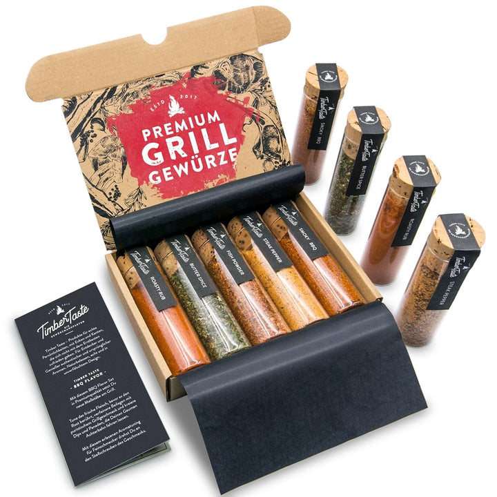TIMBER TASTE® Grill Gewürze Geschenkset Männer | 5 erlesene BBQ Grillgewürze inkl. Rezepte | Grill Z