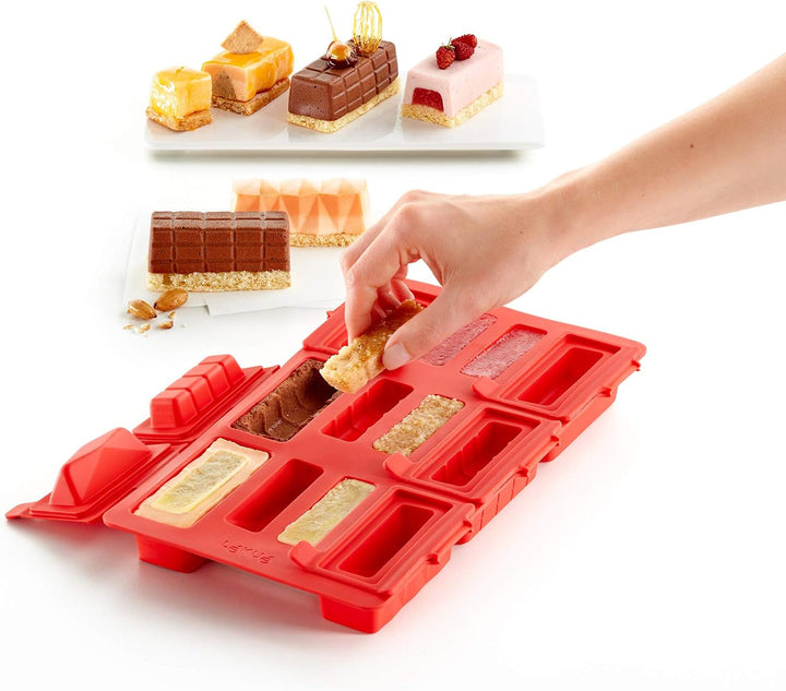 Lékué Backform für Mini-Mousse-Gebäck, Silikon, rot Rechteckig, Rechteckig