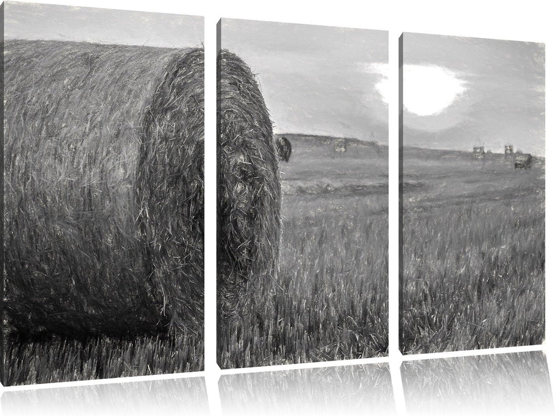 Pixxprint Strohballen auf Feld als Leinwandbild/Grösse: 3 Teilig (120x80) cm/Wandbild/Kunstdruck/fer
