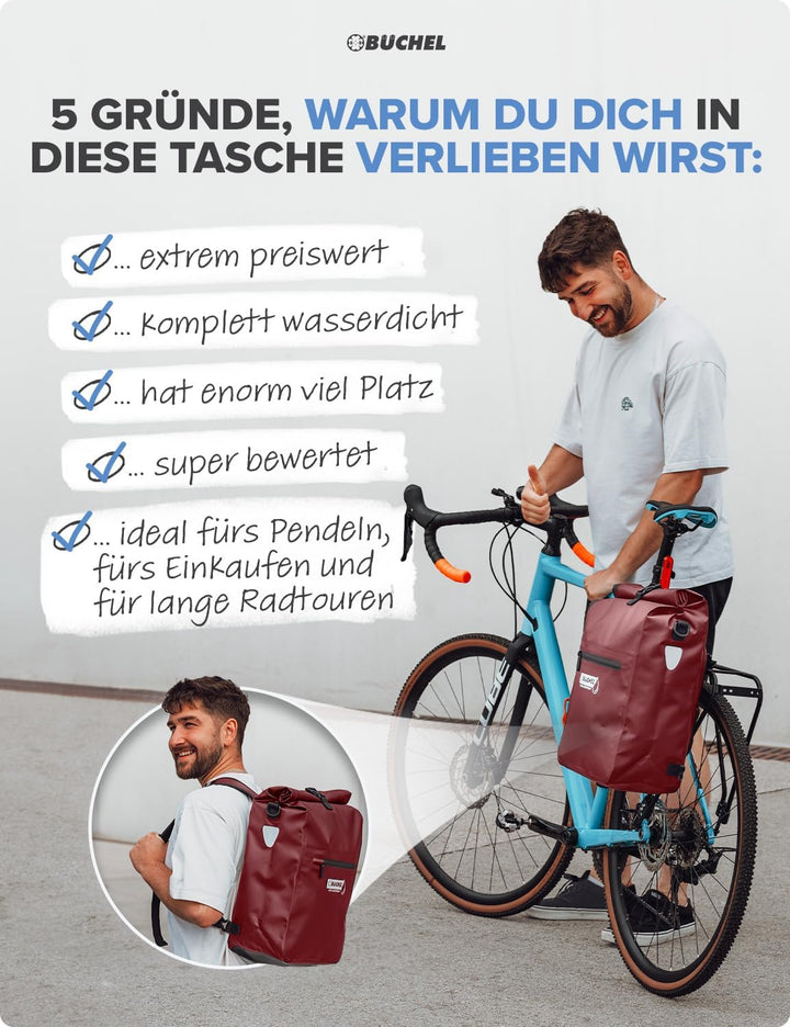 Büchel 3in1 Fahrradtasche für Gepäckträger, nutzbar als Rucksack, Umhängetasche oder Gepäckträgertas