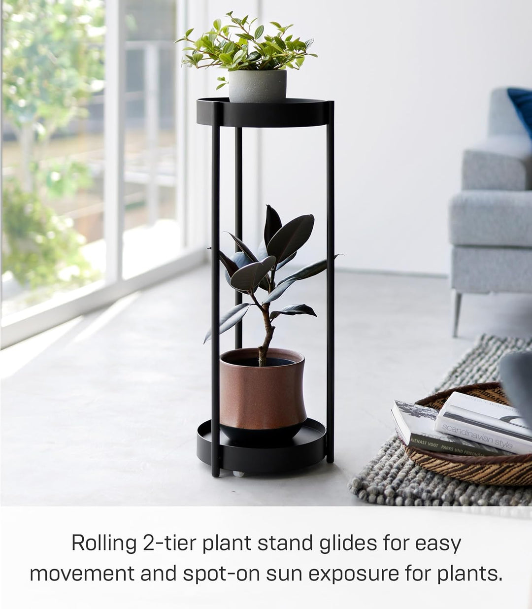 YAMAZAKI 4367 TOWER 2Tiered Plant Stand with Caster, black, Steel / Polypropylene / Nylon, 25 x 26.5