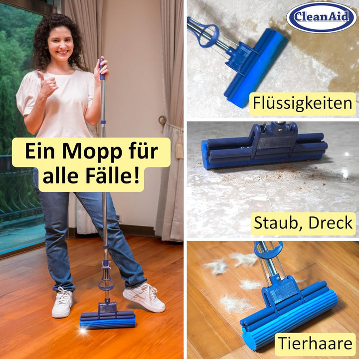 OneTouch GO! Wischmopp aus Edelstahl – Segment-Stiel, PVA Schwammmopp, One-Touch Auswringfunktion, s