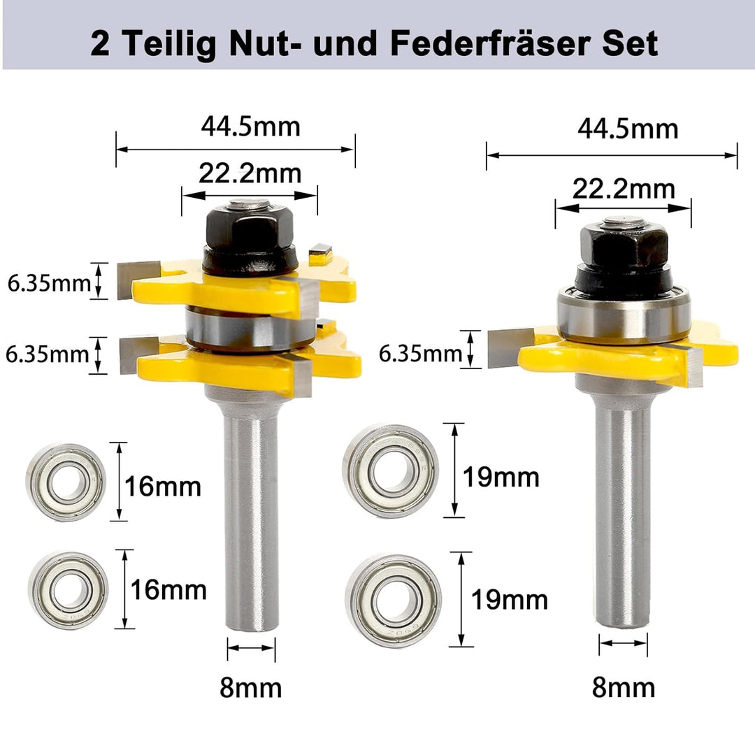 Sinoprotools 2 Teilig Nut- und Federfräser Set, Oberfräser Set 8mm Schaft für Elektro Oberfräsen,Nut