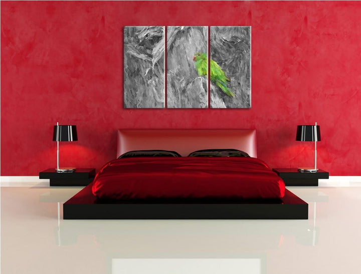 schöner Papagei im Gehölz schwarz/weiss Spezial 3-Teiler Leinwandbild 120x80 Bild auf Leinwand, XXL