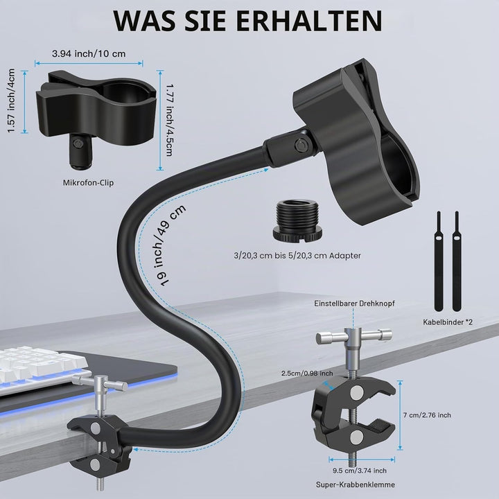 ZealSound Mikrofon Arm, 48cm/19zoll Schwanenhals Arm mit robuster Krabbenklemme für runde Rohre und