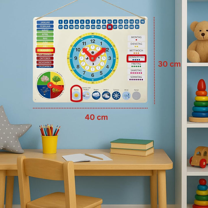 oqono Lernuhr aus Metall mit Magneten für Kinder, Kalenderuhr, farbenfrohe Lerntafel, Wochentage, We