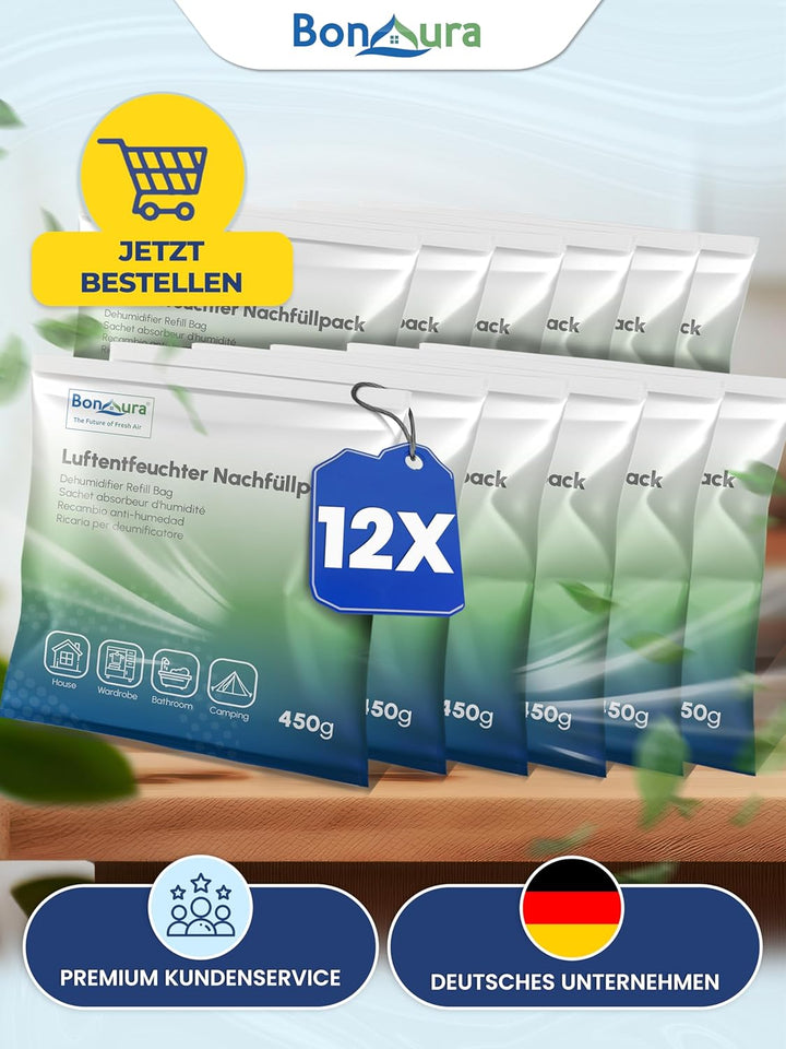 BonAura® AirOne Lite Luftentfeuchter Nachfüllpack I 12er Set 450g Luftentfeuchter Granulat I Entfeuc
